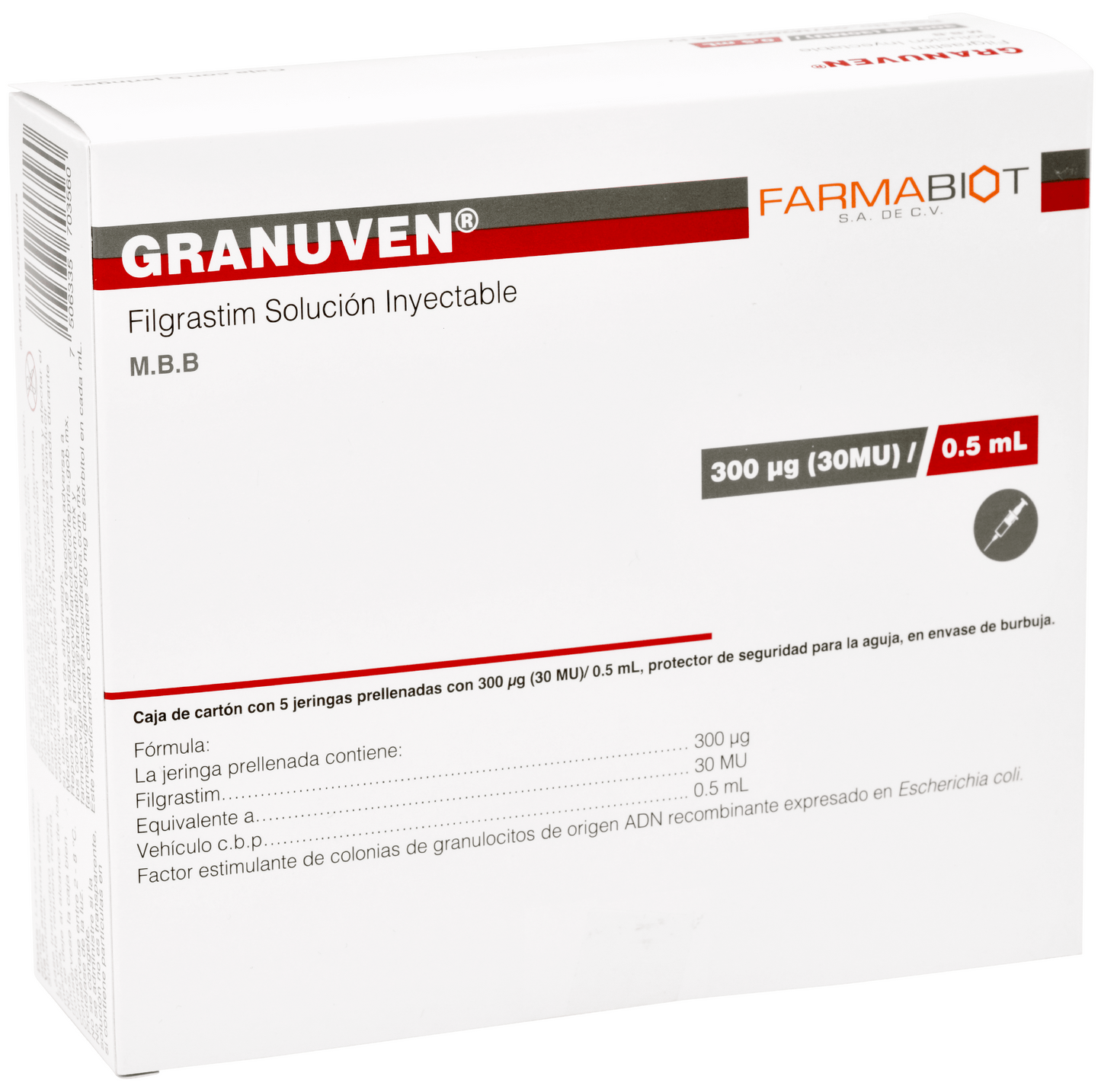 GRANUVEN Filgrastim 300MCG/ 5 ML C/ 5 JERINGA PRELLENADA