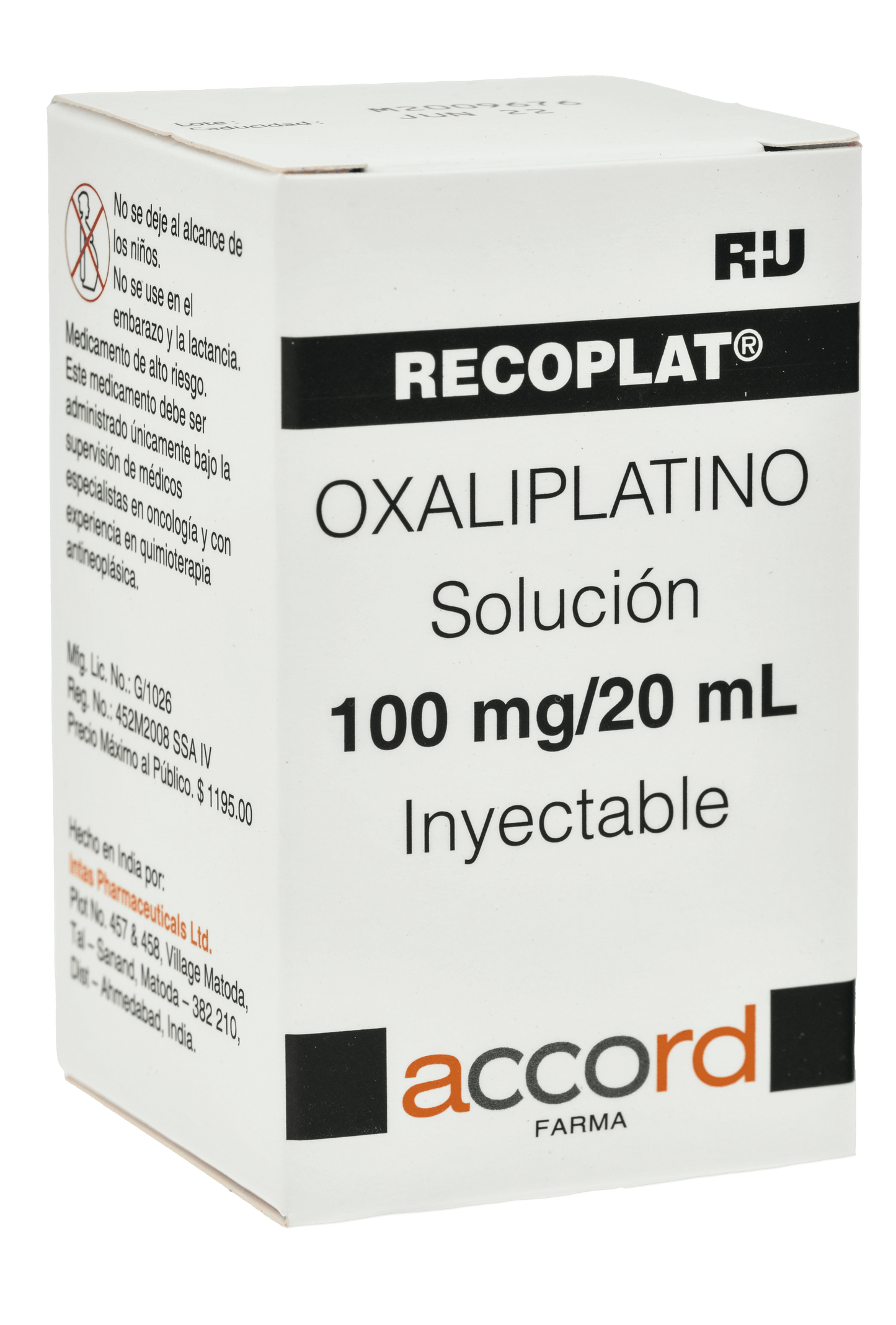 RECOPLAT RTU Oxaliplatino 100MG/ 20ML C/ 1 FCO AMP