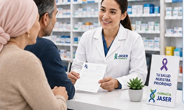 Farmacéutica de JASER atendiendo a una paciente y su acompañante en el mostrador de la farmacia